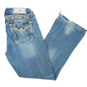 Miss Me Jeans Mid Rise Easy Boot Cut Faux Flap Size 30x29 READ Stretch Med Wash